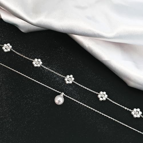 Zeffy Gold Pearl Necklace for Women, Dainty 14K Gold/Silve Plated Layered Pearl Choker Pearl Earrings Pearl Bracelets Wedding Trendy Gold Jewelry Set for Women Gifts - style: Silver Pearl Daisy Necklace-2PCS