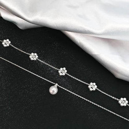 Zeffy Gold Pearl Necklace for Women, Dainty 14K Gold/Silve Plated Layered Pearl Choker Pearl Earrings Pearl Bracelets Wedding Trendy Gold Jewelry Set for Women Gifts - style: Silver Pearl Daisy Necklace-2PCS