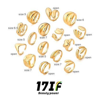 17IF 16 Pcs Chunky Gold Rings Set for Women, 14K Gold Plated | Classic Thick Adjustable Rings, Stackable Midi Finger Womens Stack Ring Pack for Jewelry Gifts - style: Golden-C