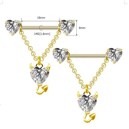 14G Devil Heart Dangle Nipple Rings for Women Girls Stainless Steel Sparkling CZ Love Heart Ball Chain Dangling Nipplerings Nipple Studs Piercing Barbell Body Jewelry - color: Gold