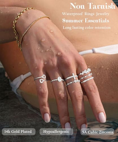 Gold Silver Rings For Women Non Tarnish Gold Plated Stackable Rings Wedding Engagement Bands Dainty 14K Gold Ring Simple Trendy Cubic Zirconia Thumb Stacking Ring Pack Size 4-11 - color: Silver