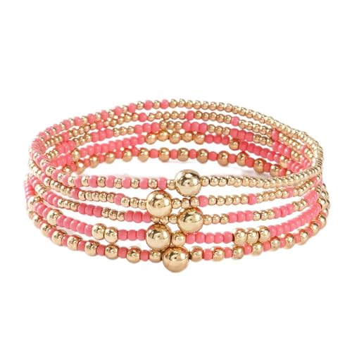 LOTSOF Bohemia Multilayer Beaded Bracelet Set, Turquoise Resin Colorful Surfer Heishi Style Elastic Spring Clasp Friendship Elastic Wristbands Summer Beach Boho Vacation Jewelry - color: Hot Pink
