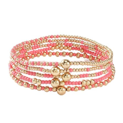 LOTSOF Bohemia Multilayer Beaded Bracelet Set, Turquoise Resin Colorful Surfer Heishi Style Elastic Spring Clasp Friendship Elastic Wristbands Summer Beach Boho Vacation Jewelry - color: Hot Pink