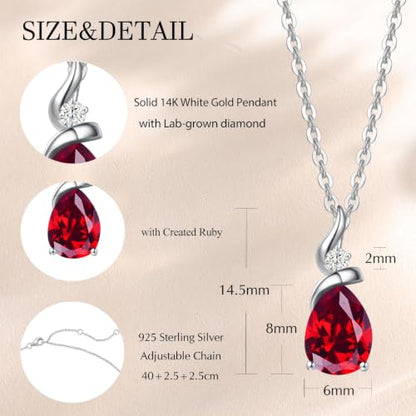 FANCIME 14K Solid White Gold Birthstone Pendant Necklace for Women with Diamond Pear Shaped Teardrop Necklace Birthday Gifts for Mom Women,Sterling Silver Chain 16" + 2" Extender - color: 07-Ruby