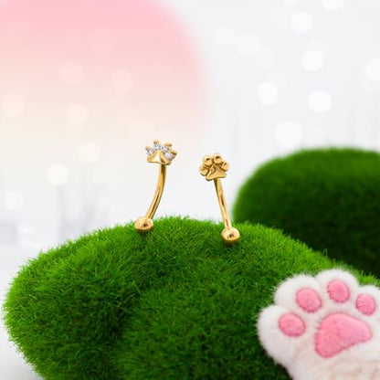2Pcs Cat Paw Gold Eyebrow Rings Rook Piercing Jewelry 16G 6mm 8mm Threaded Cartilage Tragus Earrings 316L Stainless Steel Paw Prints Vertical Labret Lip Piercing Jewelry - color: Gold, size: 16 gauge(1.2mm)-6mm