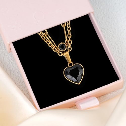 Birthstone Layered Pendant Paperclip Necklace 18k Gold Plated Heart Choker Chain Necklace Emerald Cut Jewelry Birthday Gift for Women - color: Black Heart