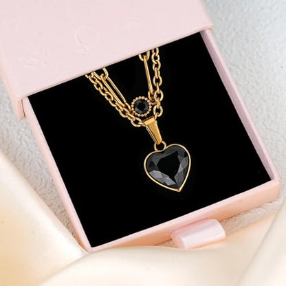 Birthstone Layered Pendant Paperclip Necklace 18k Gold Plated Heart Choker Chain Necklace Emerald Cut Jewelry Birthday Gift for Women - color: Black Heart