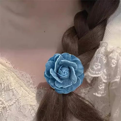Dreuyet 10 PCS Denim Fabric Flower Brooch Pins with Hair Clips Denim Ribbon Fabric Camellia Flowers Corsage Pin Clip Sweater Coat Dress Suit Backpack Clothes Accessories