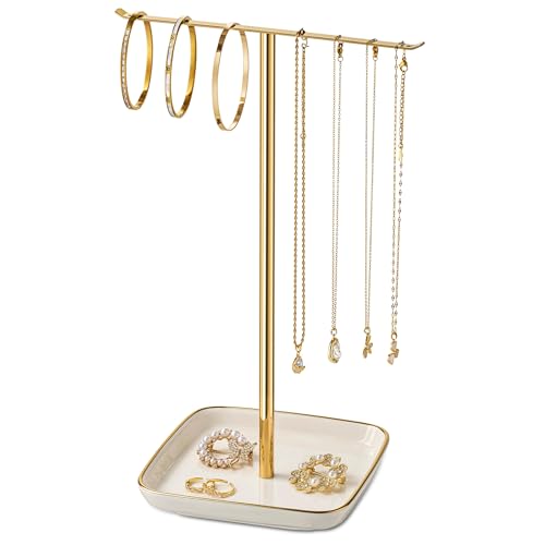 pickpiff Necklace Holder Stand with Ceramic Base: 12" Jewelry Tree Display Organizer for Necklaces, Bracelets, Rings, Earrings, Tall Gold Stand for Women, Aesthetic Room Décor - color: White, size: 5.8" base