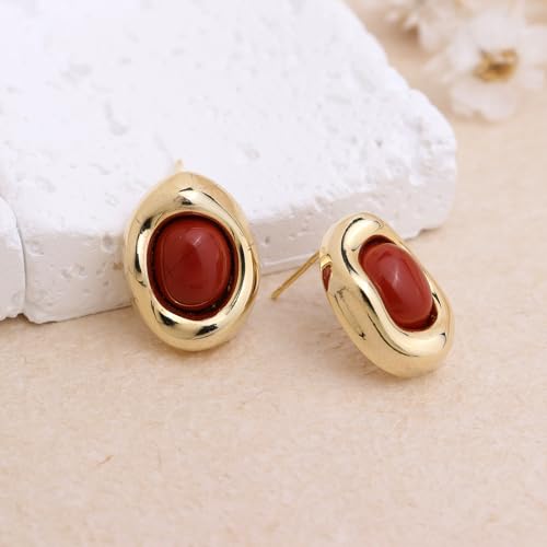 Jean Beau Chunky Gold Stone Stud Earrings for Women, Trendy Natural Gemstone Hypoallergenic Earing Valentine Jewelry Gift - color: Ruby Red