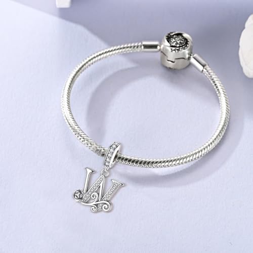 LNQOBU Complete A~Z Alphabet Charm Letter Beads, Solid 925 Sterling Silver with Cubic Stones Rose Alphabet Charm fits Pandora Bracelets Necklace Women Jewelry - color: CYT-W