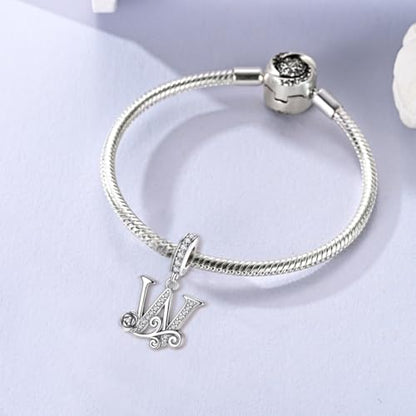 LNQOBU Complete A~Z Alphabet Charm Letter Beads, Solid 925 Sterling Silver with Cubic Stones Rose Alphabet Charm fits Pandora Bracelets Necklace Women Jewelry - color: CYT-W