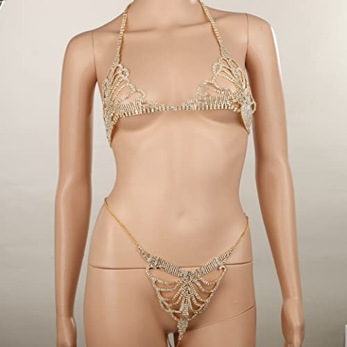 Sparkle Full Rhinestone Sexy Bra Chain Body Chain Set Crystal Beach Luxury Jewelry for Women - color: Golden