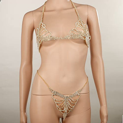 Sparkle Full Rhinestone Sexy Bra Chain Body Chain Set Crystal Beach Luxury Jewelry for Women - color: Golden