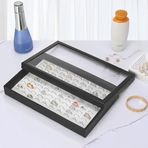 KUKUVR 100 Slots Ring Earring Holder Display Case (Black+White) | Velvet, Clear Lid, Ring Earring Storage Organizer Box Tray, for Women and Selling Show - color: Black+White