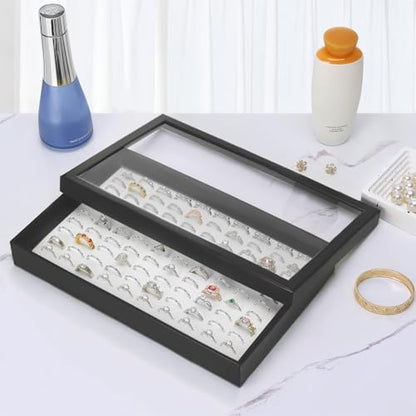 KUKUVR 100 Slots Ring Earring Holder Display Case (Black+White) | Velvet, Clear Lid, Ring Earring Storage Organizer Box Tray, for Women and Selling Show - color: Black+White