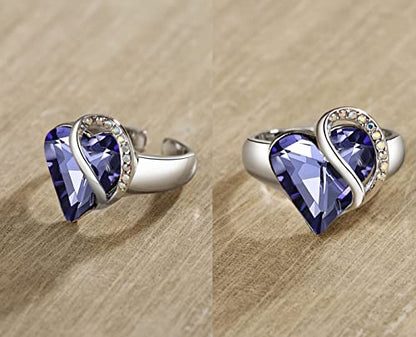 Leafael Infinity Love Women's Adjustable Crystal Heart Ring with Birthstone Crystals Healing Stones, Jewelry Gifts for Women, Birthdays Valentine's Day, Silver-Tone, Open End, Size 6.5-8 - color: 05-February-Growth-Tanzanite Purple