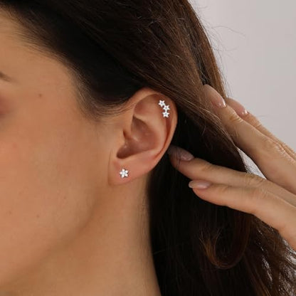 Stud Earring for Women, 14K Gold Silver Plated Hypoallergenic Studs Set | Trendy Cartilage Tragus Helix Clover Flower Earring Stack for Multiple Piercing, Dainty Cute Small Jewelry Gift, Non Tarnish - style: SL-Five-petal Flower