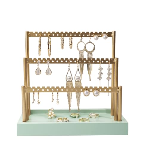 SANY DAYO HOME 3-Tier Earring Holder Organizer Stand, 105 Holes Gold Metal Earring Rack Jewelry Display Tree with Sage Green Wood Tray for Women and Girls - color: Gold Rack Green Base