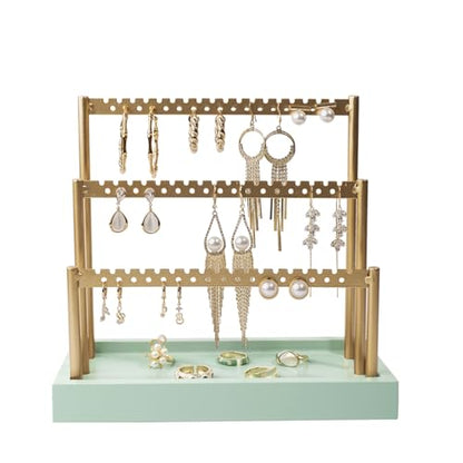 SANY DAYO HOME 3-Tier Earring Holder Organizer Stand, 105 Holes Gold Metal Earring Rack Jewelry Display Tree with Sage Green Wood Tray for Women and Girls - color: Gold Rack Green Base
