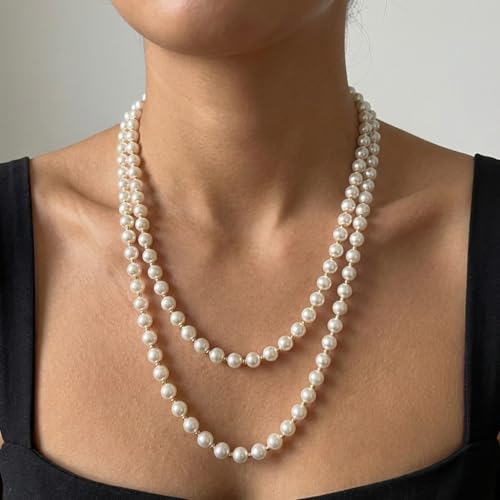 Long Pearl Necklaces for Women Layered Pearl Long Sweater Necklaces Vintage Elegant Pearls Necklace Trendy Dainty Wedding Costume Party Jewelry