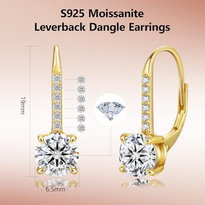 KRKC Moissanite Earrings, 1.0ct-2.0ct D Color Lab Created Diamond Earring, 14k White Gold Plated Sterling Silver Dangle Earrings S925 Leverback Drop Earring for Women Hypoallergenic Jewelry for Gifts - color: Round-Gold-6.5mm