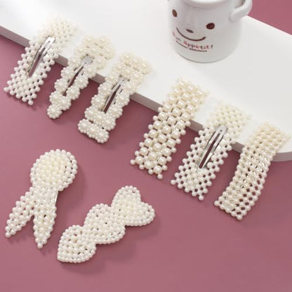 Simulated Pearl Hair Clips for Women | Cute Shapes Barrettes & Hair Clips for Women | Alligator Clips Hair Accessories for Short or Thick Hair | Fashion Hair Clips, White 8 Pcs