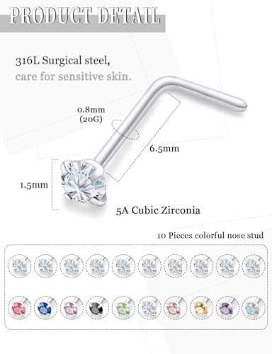 18G 20G 22G Round Cubic Zirconia Nose Rings Studs for Women Men 316L Stainless Surgical Steel Nose Ring Stud Piercing Jewelry Silver Clear CZ 1.5mm 2mm 3mm - style: 20G L Shaped Silver CZ 1.5mm