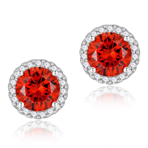YOMELA Round Cubic Zirconia Stud Earrings for Women | Everyday Dainty, Diamond-Like Brilliance, CZ Halo Birthstone Studs, Hypoallergenic & Lightweight, Elegant & Versatile - color: Orange Red