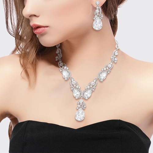 Women's Wedding Bridal Crystal Multi Teardrop Cluster Statement Necklace Dangle Earrings Set - color: 06-Clear Silver-Tone