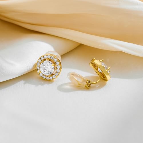 Clip On Earrings for Women Halo Clip-on Non-pierced Earrings Gold Plated Small CZ Studs Dainty Jewelry - color: Round