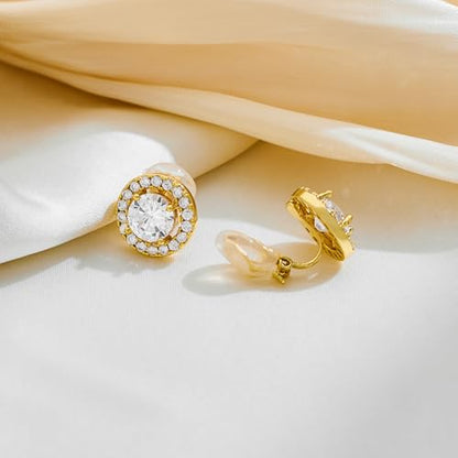 Clip On Earrings for Women Halo Clip-on Non-pierced Earrings Gold Plated Small CZ Studs Dainty Jewelry - color: Round