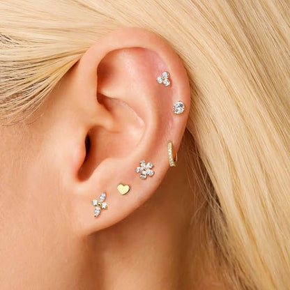 G23 Titanium 16G Tragus Conch Piercing Jewelry Flat Back Stud Earrings | Hypoallergenic CZ Nose Dangle Helix Medusa Lip Labret Body Piercing Jewelry, 14K Gold Plated, Silver, 6 and 8 mm Post Length - color: Floral Sparkle-Titanium