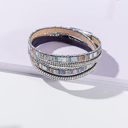 Boho Double Wrap Leather Bracelets Stackable Layered Western Hippie Jewelry | Colorful Stacked Bohemian Statement Chunky Magnetic Clasp Cuff Bangles Cowgirl Country Summer Beach Outfits for Women Trendy - color: Blue