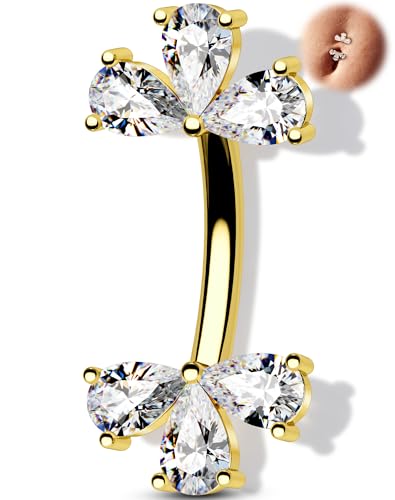Melighting 14G Double Teardrop CZ Gold Belly Button Ring 316L Surgical Steel Navel Ring 3 Stone Drop Design Belly Bar Piercing Jewelry for Women 8 mm/10 mm - color: Gold, size: 14G8mm
