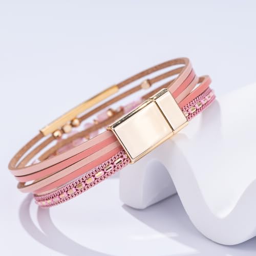 Boho Gemstone Beaded Leather Wrap Bracelets Stackable Chunky Cuff Bracelet Western Jewelry Cowboy Chic Country Concert Outfits for Women - color: Pink