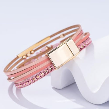 Boho Gemstone Beaded Leather Wrap Bracelets Stackable Chunky Cuff Bracelet Western Jewelry Cowboy Chic Country Concert Outfits for Women - color: Pink