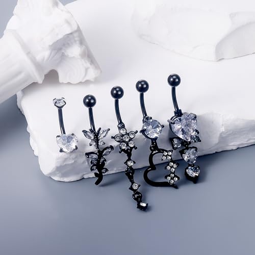 Vsnnsns 14G Dangle Belly Button Ring Piercing Jewelry 316L Stainless Surgical Steel Navel Rings Cubic Zirconia Heart Flower CZ Dangling Belly Button Ring Piercing Jewelry for Women 14 Gauge - color: Black-Clear CZ