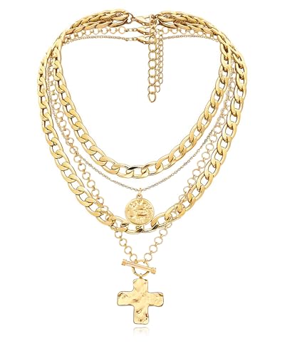 MJartoria Layered Necklaces for Women Trendy Retro Coin and Cross Pendant Necklace Dainty Chunky Chain Necklaces for Jewelry Birthday Gifts - color: Gold