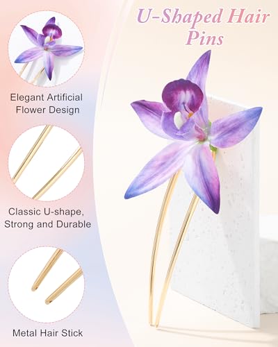 WELROG 3-Pcs Metal Hawaiian Orchid Hair Pins, Non-Slip Stick for Beach Updo | Tropical Flower Vibes,Weddings and Vacations - color: Purple+Pink+Green