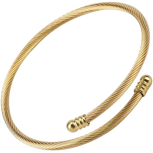 Jewelers Stainless Steel Cable Wire Open Cuff Adjustable Size - color: Gold