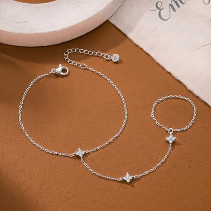 Bracelets for Women, Dainty Gold Silver Ring Bracelet Hand Chain | Cubic Zirconia Pearl Charms, 14K Gold Plated, Adjustable Fit, Trendy Stackable Link Chain, Waterproof Jewelry, Gift for Her - color: Silver-clover hand chain
