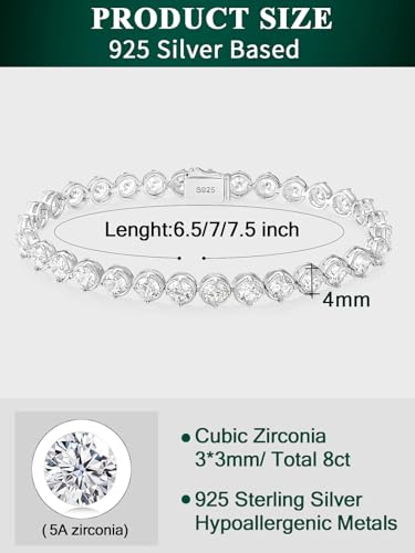 Sterling Silver 14K Gold Plated 2.5mm/3mm/4mm/5mm Round Cut Moissanite Tennis Bracelet, Classic Luxury Bezel Set Diamond Bracelets for Women Men Wedding Birthday Jewelry, Size 6.5" 7" 7.5" 8.3" - color: CZ-3mm Width-Silver, size: 7.0 Inch (Fit Wrist 6"-6.