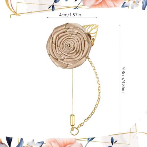 Gold Lapel Pin for Men, Gold Foil Brooch Men's White Flower Satin Lapel Pin with Metal Chain for Suits Professional Tuxedo Groom Wedding Brooch - color: Champagne