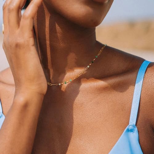 MTMY Beaded Necklaces for Women 14K Gold Plated Dainty Colorful Green/Rose Beaded Pearl Choker Necklace Delicate Boho Choker Necklace Jewelry Gift - style: beads paper clip