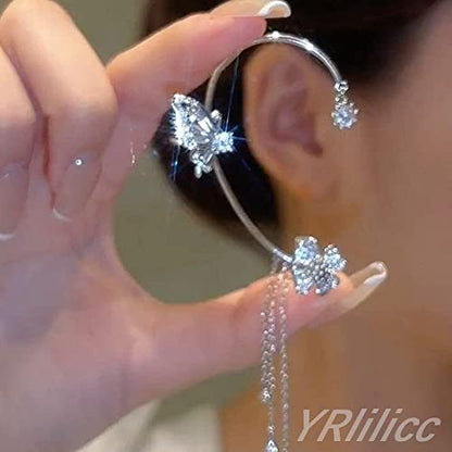 2Pcs Butterfly Ear Cuffs Rhinestone Clip On Earrings | Rhinestone butterfly ear cuffs with non piercing clip on design; silver ear wrap climber jewelry for parties and weddings - style: Style D Silver