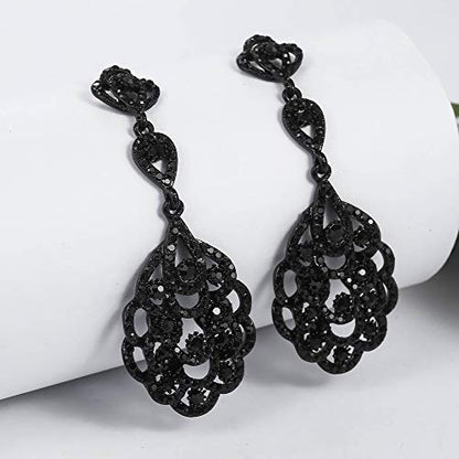 Wedding Teardrop Dangle Earrings Crystal Rhinestone Beaded Chandelier Earrings for Brides Gold - color: B-black