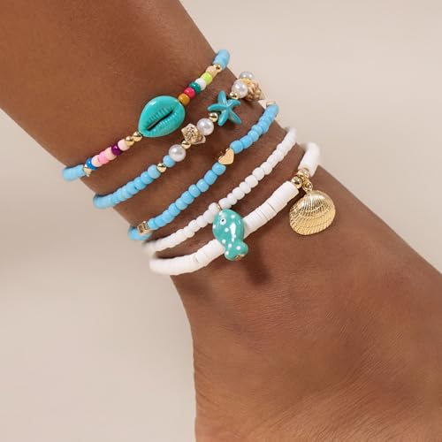 Cicy Bell Boho Ankle Bracelets Set for Women Beach Jewelry Bead Anklets | Hawaiian Shell Starfish Charm,Adjustable,Waterproof Non Tarnish,Summer Vacation Foot Jewelry - color: Gold E