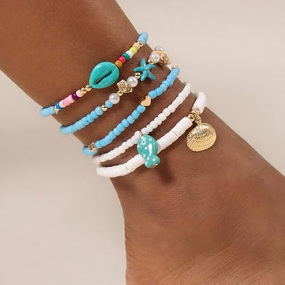 Cicy Bell Boho Ankle Bracelets Set for Women Beach Jewelry Bead Anklets | Hawaiian Shell Starfish Charm,Adjustable,Waterproof Non Tarnish,Summer Vacation Foot Jewelry - color: Gold E