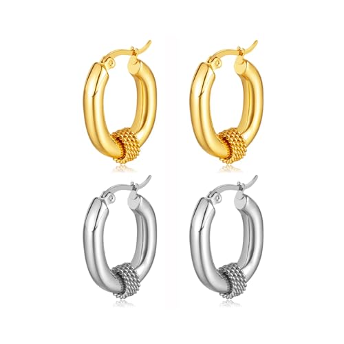 2 Pairs Gold/Silver Hoop Earrings For Women Set Trendy,14K Plated Gold Chunky Huggie Hoop Earings Pack,Oval Twisted Statement Silver Hoops,Fashion Jewelry Gift - color: 13) oval chunky hoop